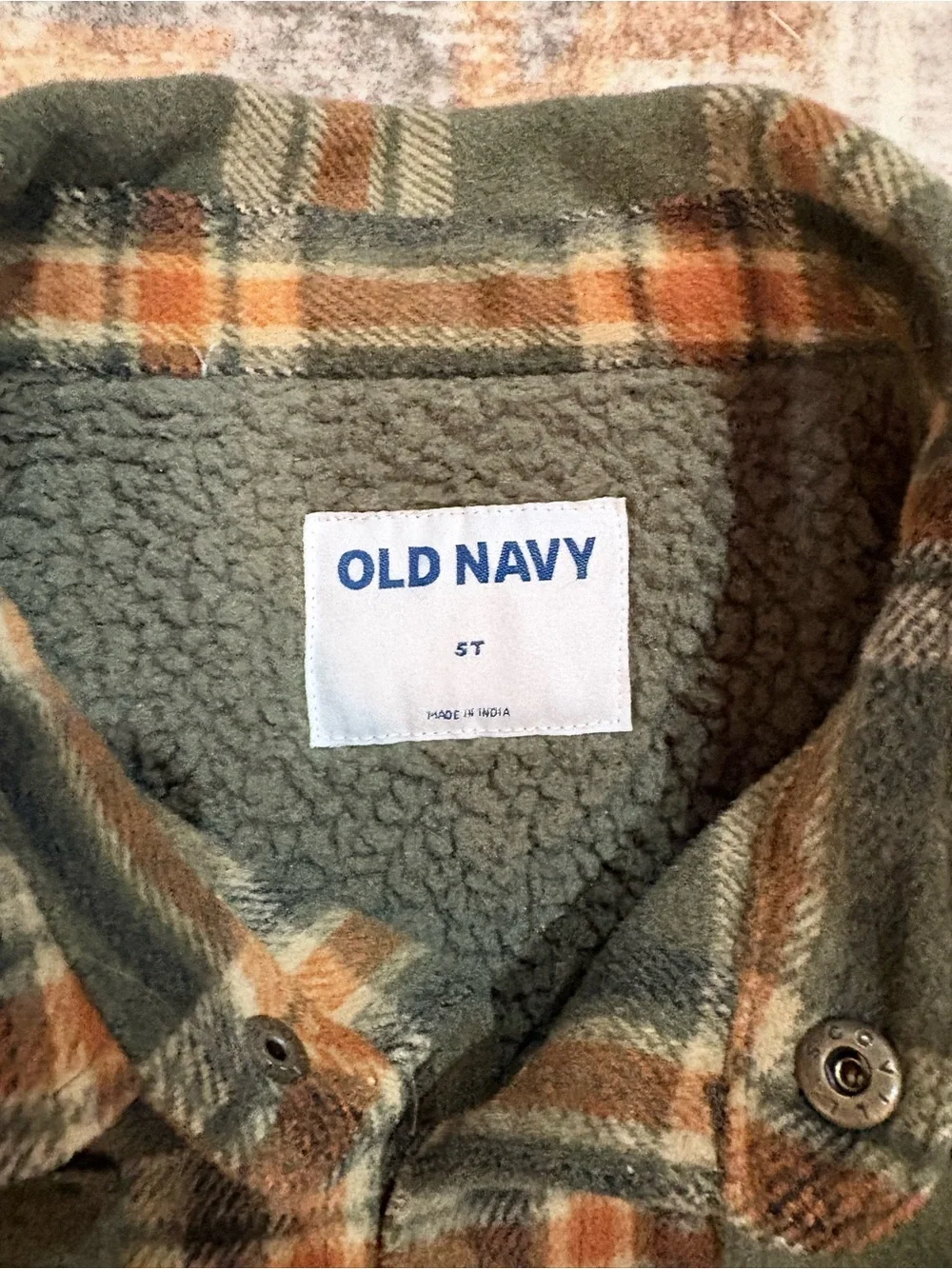 Old Navy Kids Plaid Sherpa Shirt Jacket - Olive Green & Rust